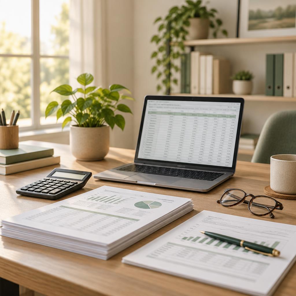 Accountants office with financial documents and laptop