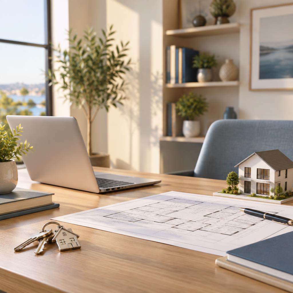 Real estate desk with floor plans