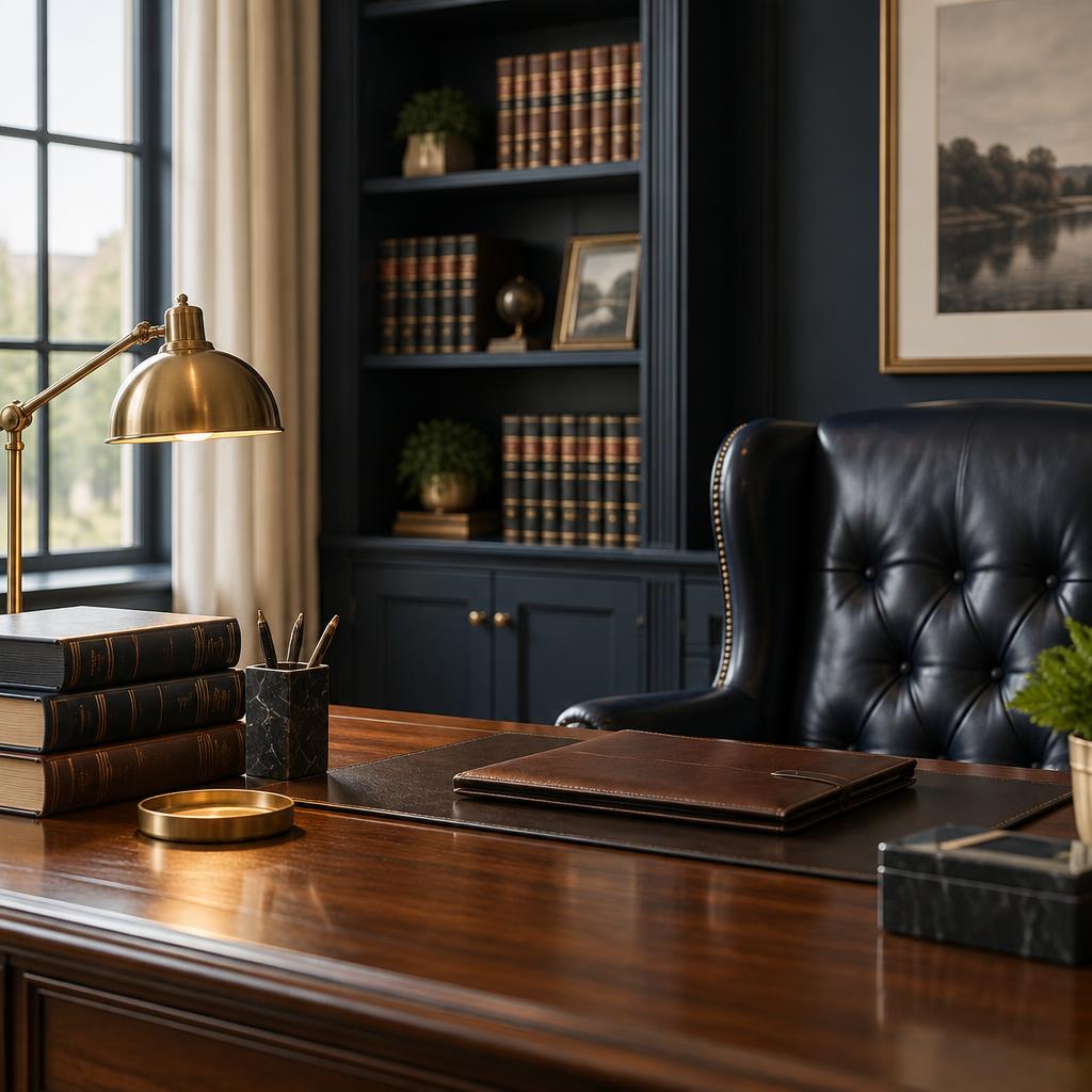 Law firm office with leather chair and books