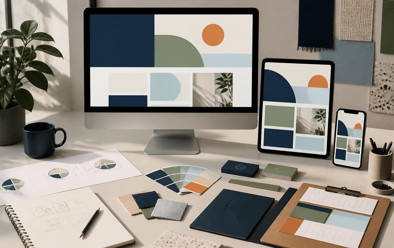 A coordinated website and brand identity displayed across desktop, tablet, and mobile
