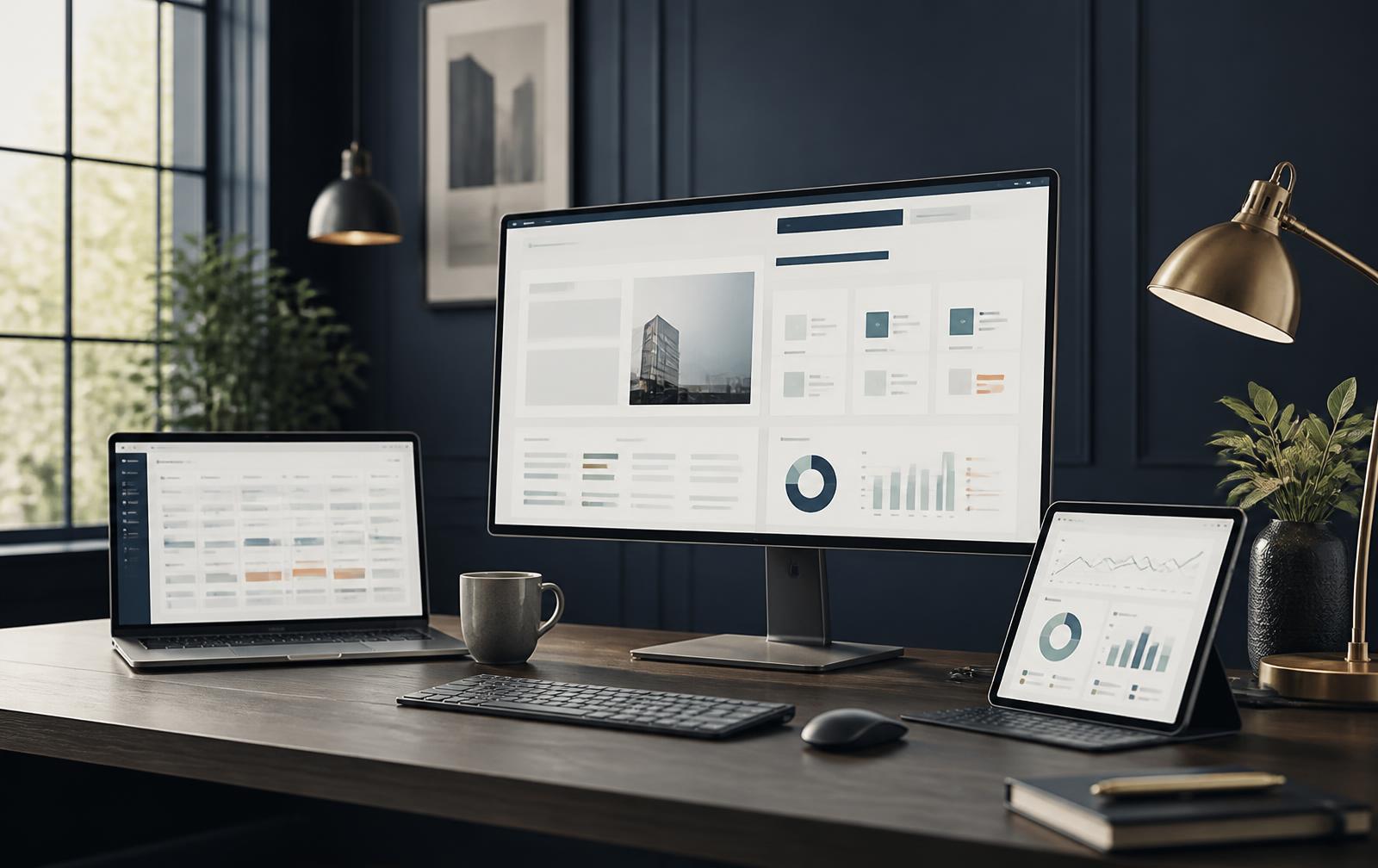 A multi-screen website workspace with publishing and performance reporting