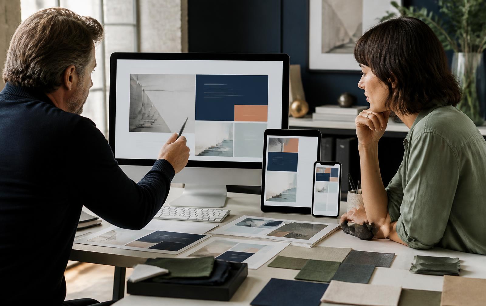 Designers reviewing a responsive business website across desktop, tablet, and mobile