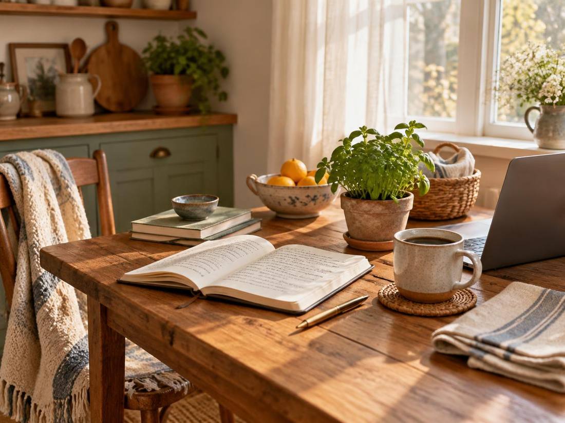 A welcoming home workspace with notebook, coffee, plants, and warm morning light