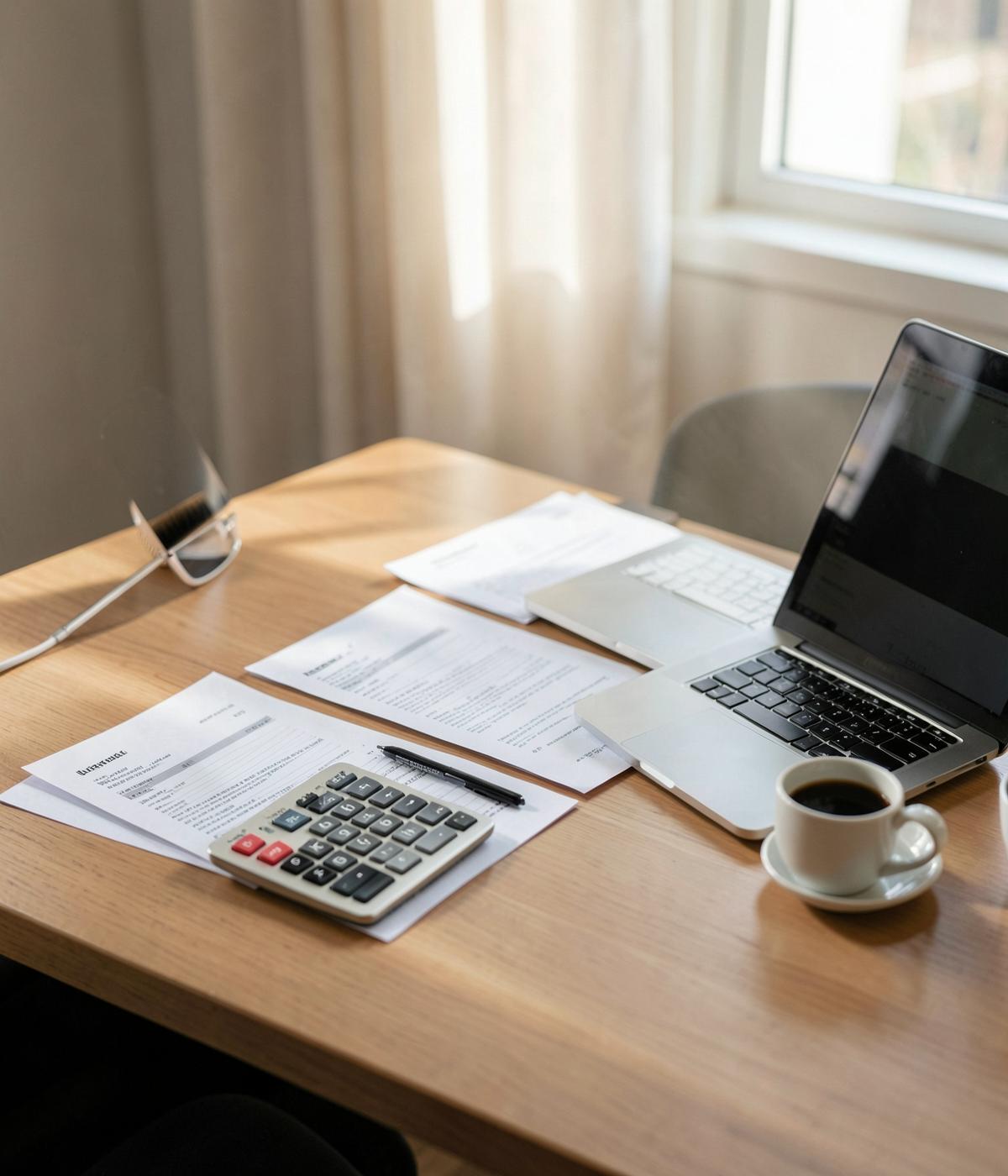 Accounting firm desk with client documents, calculator and laptop