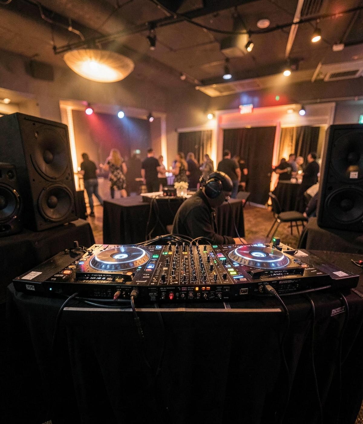 DJ booth and sound system set up at an event venue