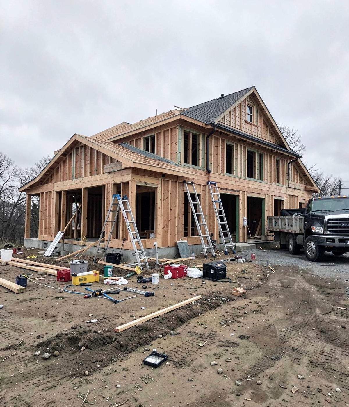 Residential construction jobsite with framing, ladders and a work truck