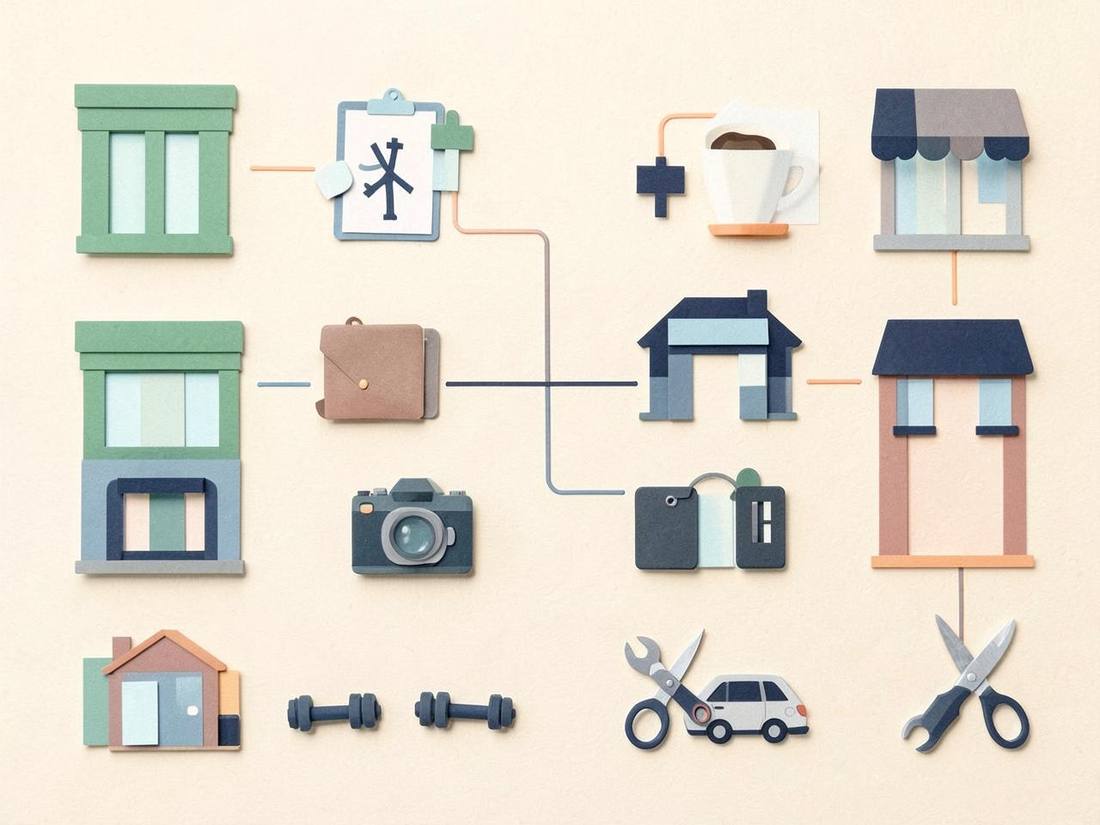 Collage of different business types: storefronts, professional offices, cafes, gyms, salons, and studios connected as one system