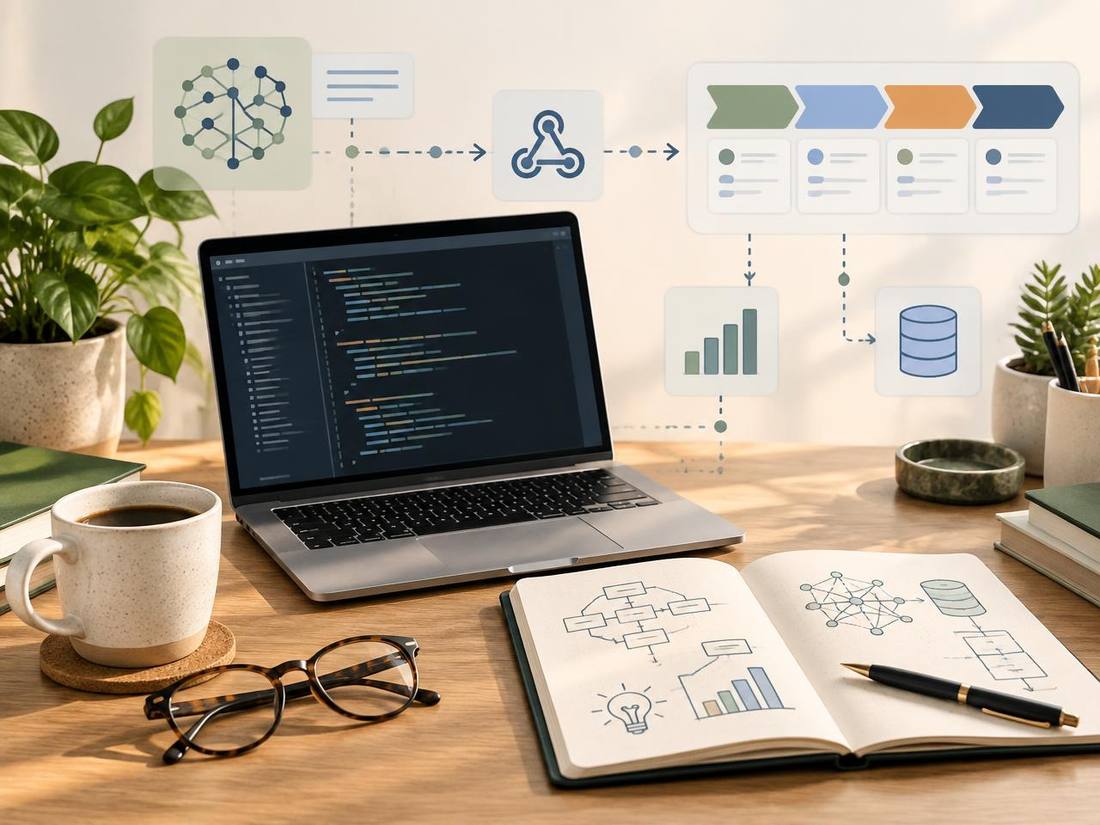 A studious workspace with code, notebook diagrams, LLM nodes, webhooks, and CRM pipeline stages