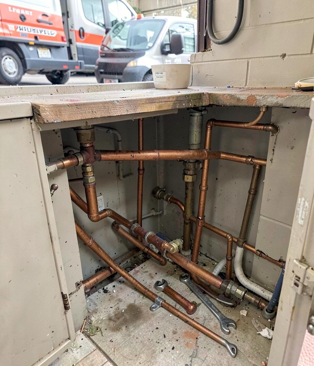 Plumbing repair with copper pipework and tools, service van outside