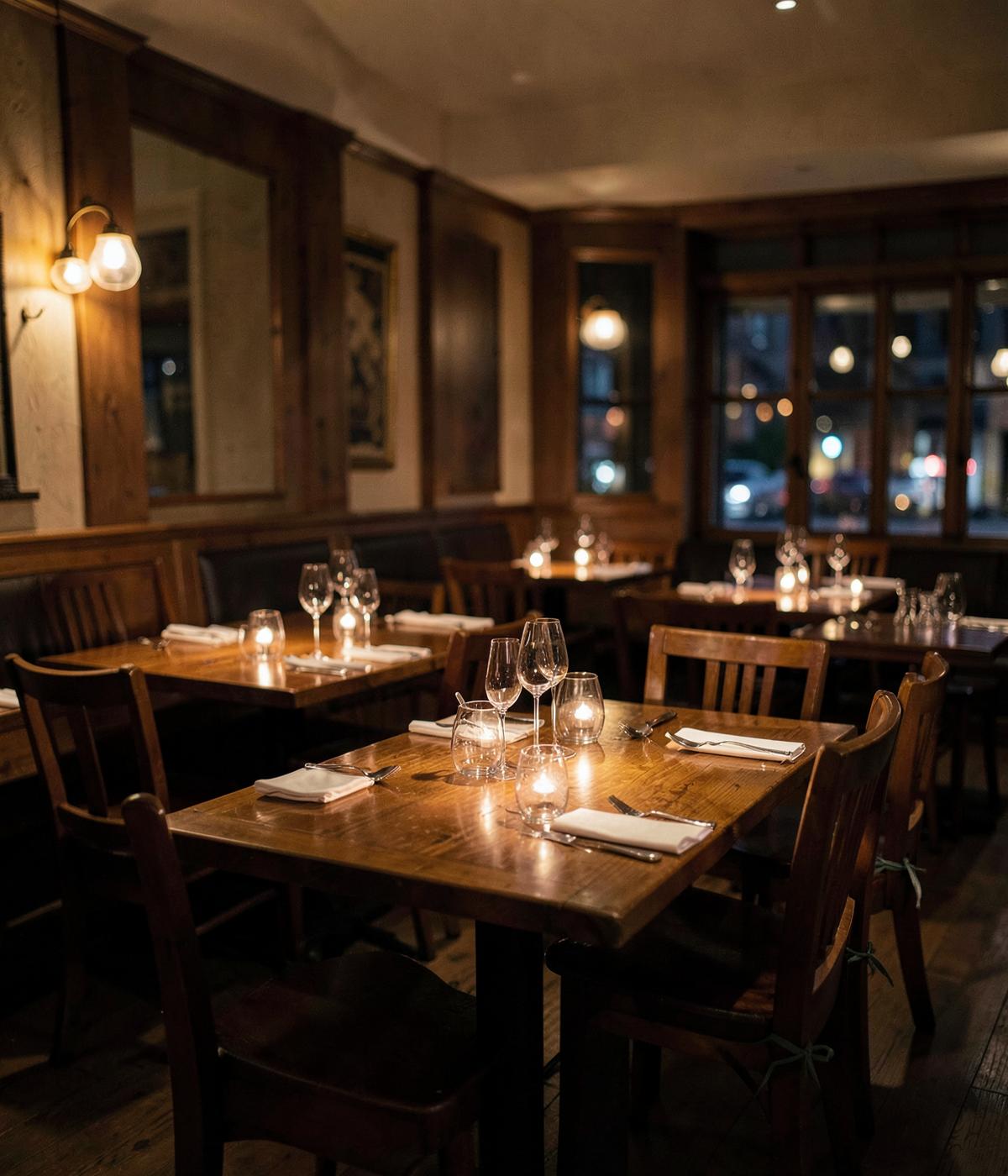 Restaurant dining room set for evening service