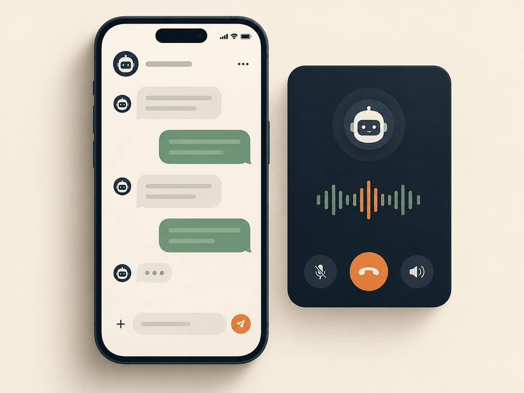 An AI assistant handling a text conversation alongside a voice call panel
