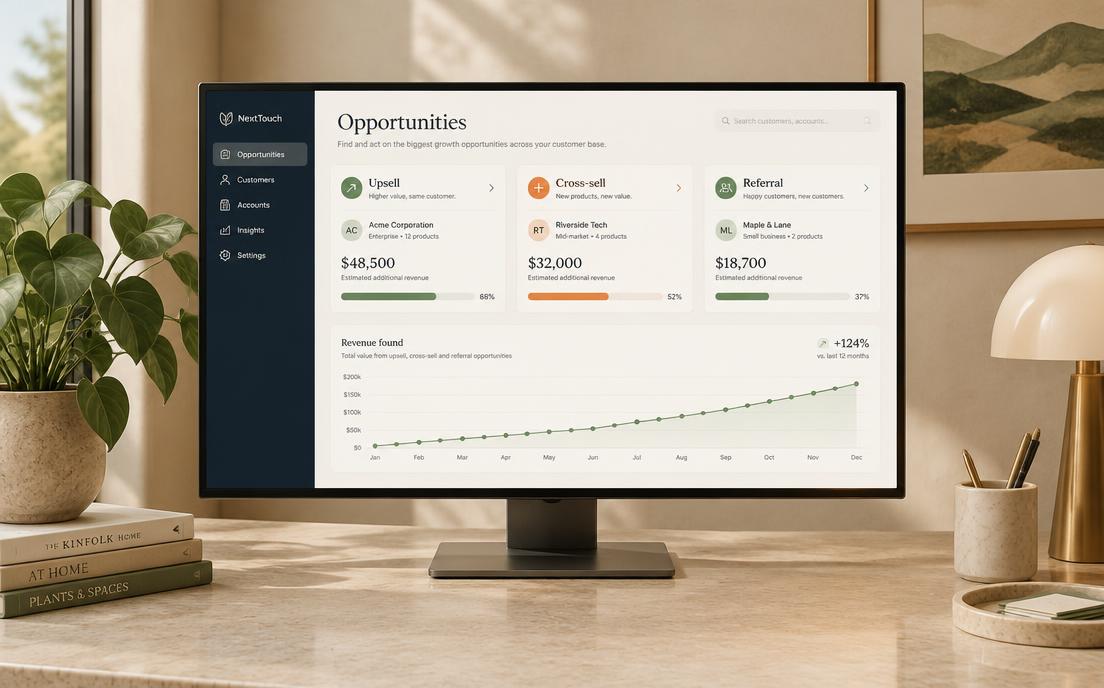 A dashboard listing upsell, cross-sell and referral opportunities with values and a rising revenue chart