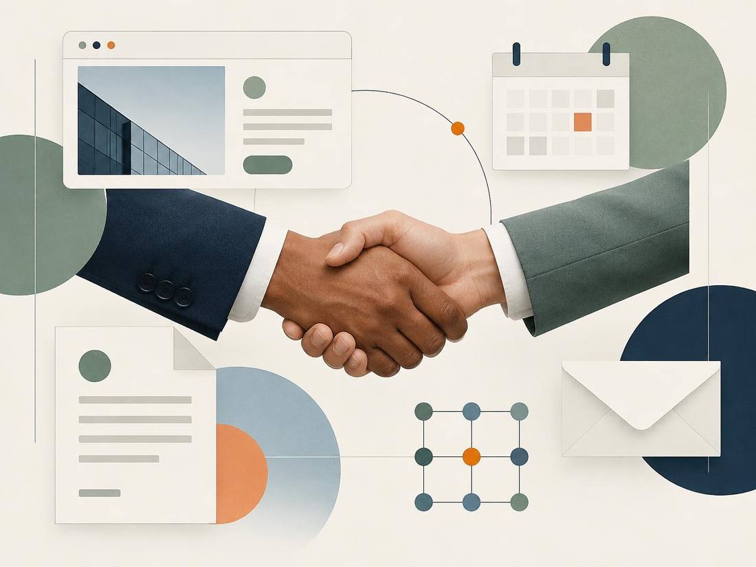 A handshake connected to websites, calendars, documents, email, and a LATTICE system grid