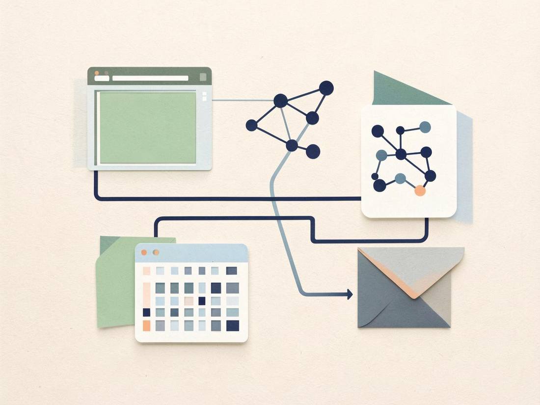 Collage of a connected business system: website, calendar, CRM grid, and email linked together