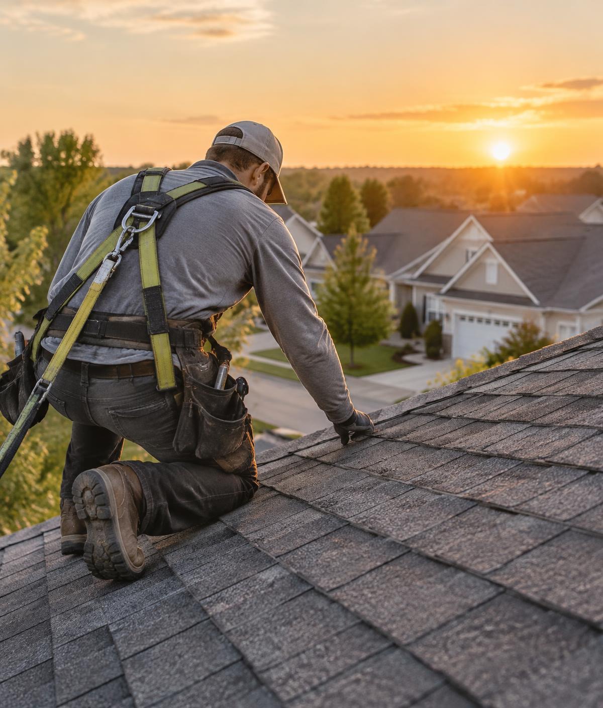 Roofing contractor in a safety harness inspecting shingles on a residential roof at sunset