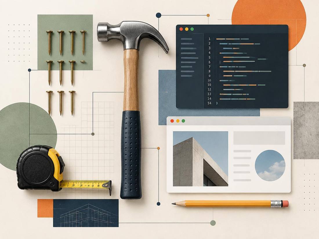 Collage of tools and craft: hammer, nails, code, tape measure, pencil, and browser windows linked as one system